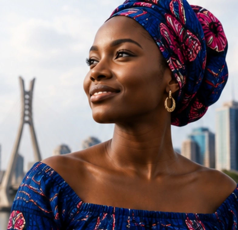ASURA brand portrait of an African woman with Lagos skyline