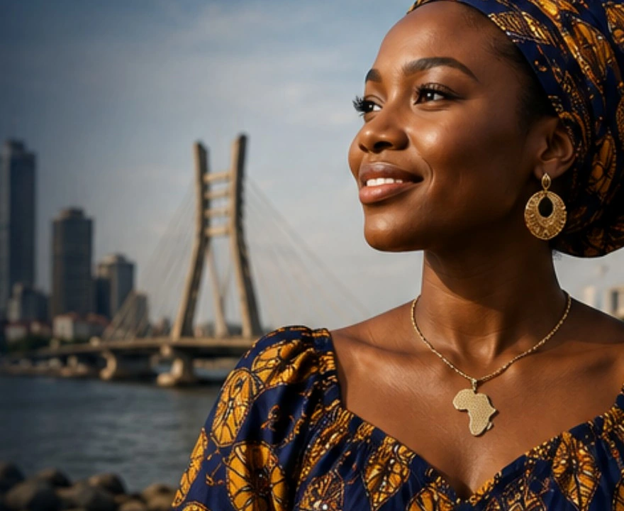 ASURA brand portrait of a woman in African print with Lagos skyline